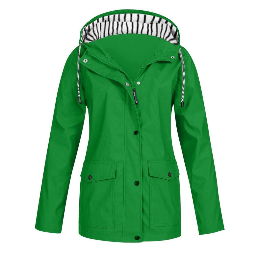 (green, XL) Women Solid Stripe Rain Jacket Outdoor Plus Waterproof Hooded Raincoat Windproof