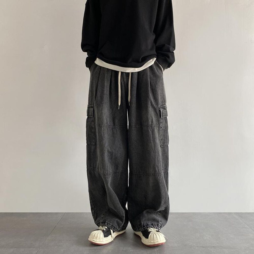 (black, XS) Y2k Black Baggy Cargo Jeans Trousers Men Streetwear Casual Hippie Jogging Wide Leg Oversize Long Male Denim Pants
