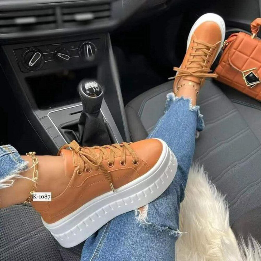 (khaki, 38) Women's Platform Thick Sole Lace-Up Sneakers - Solid Color Sports Style, Large Size, White