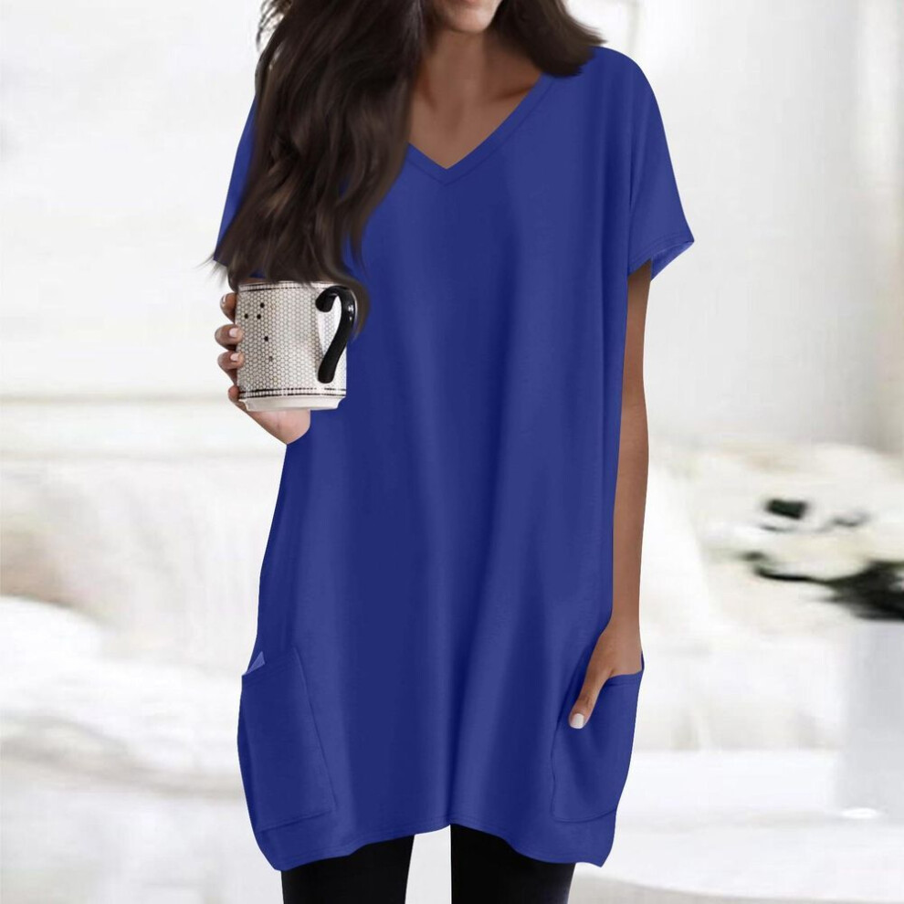 (M, dark blue) Womens Tops V-neck Short Sleeve Blouses Casual Mid-length Shirts Fashion Print Tunic Tops With Pockets