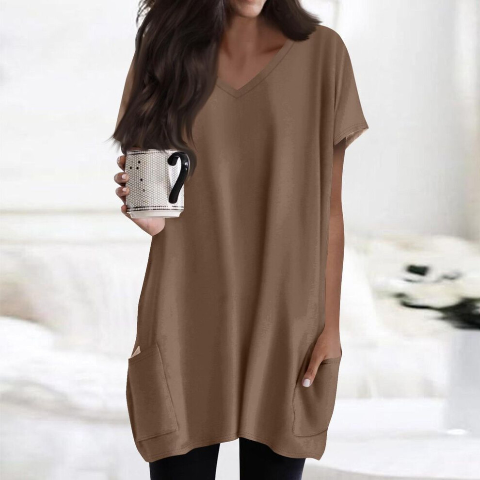 (XXL, brown) Womens Tops V-neck Short Sleeve Blouses Casual Mid-length Shirts Fashion Print Tunic Tops With Pockets