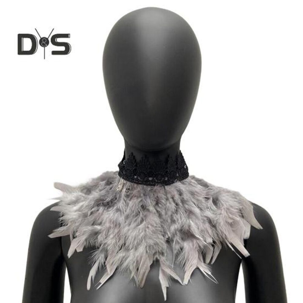 (dark gray) Peacock Feather Scarf Handmade Gothic Cape with Adjustable Lace Tie Gradient Color Feather Face Collar Dance Party Accessories
