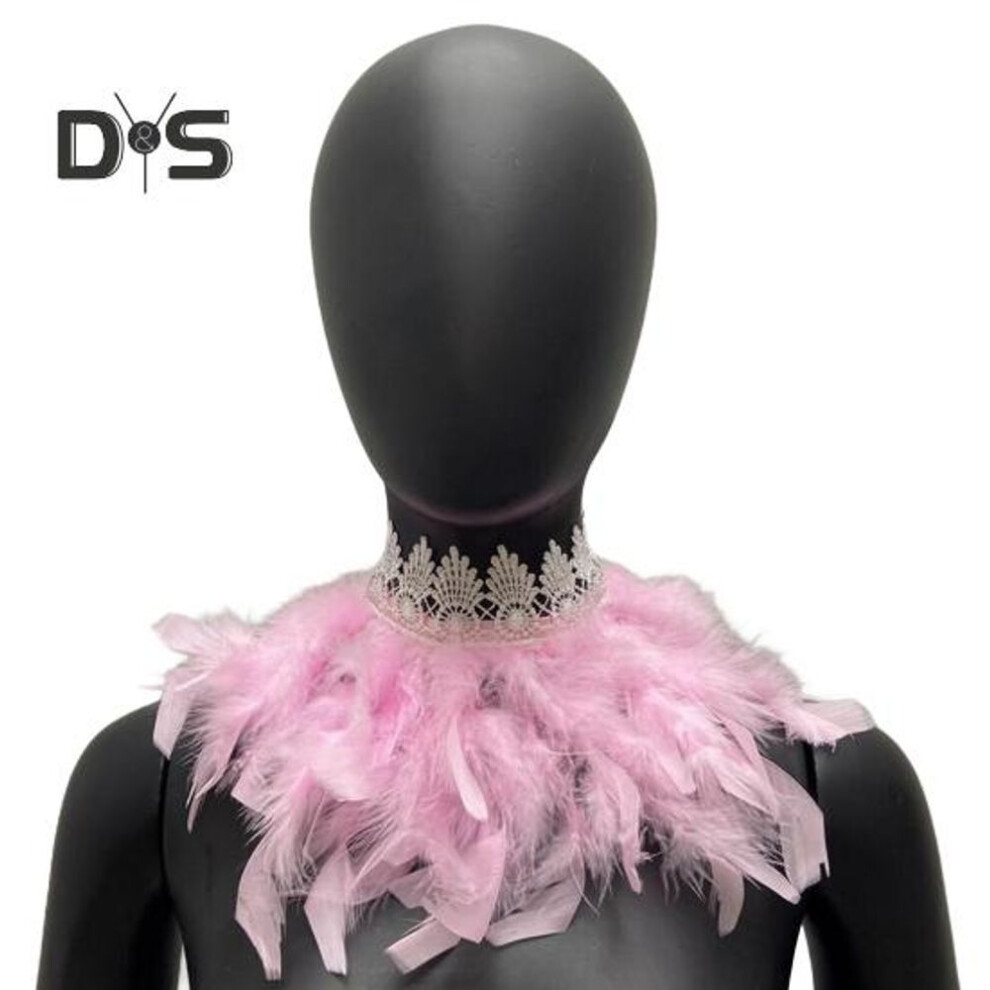 (pink) Peacock Feather Scarf Handmade Gothic Cape with Adjustable Lace Tie Gradient Color Feather Face Collar Dance Party Accessories