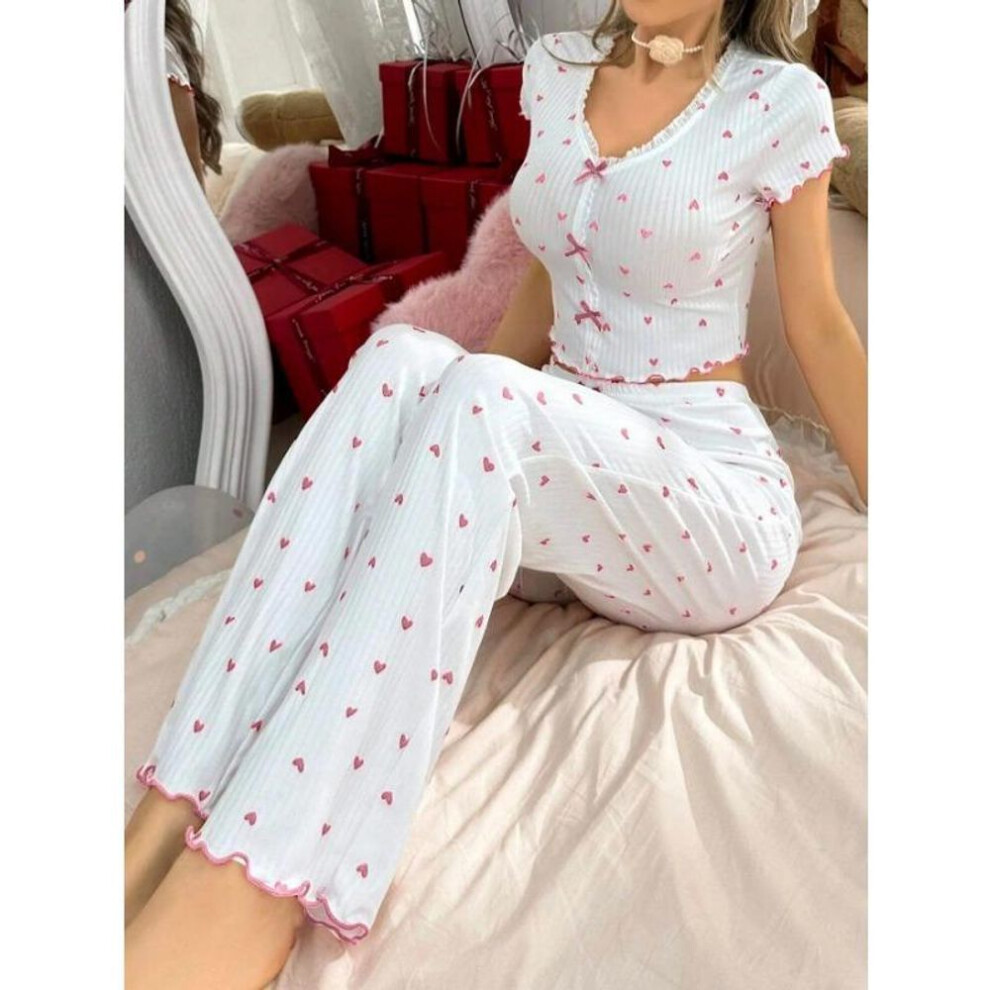 (L, pink) Summer Ladies Pajamas Homewear Set of Girls Homewear Printing Love V-Neck Short-Sleeved Pajamas Women Long Pants Underwear