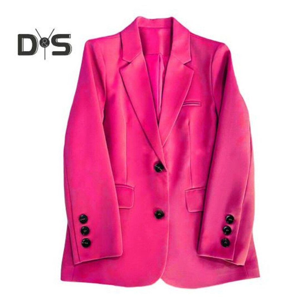 (rose red, L) Women Suit Coat Lapel Long Sleeve Flap Pockets Two Buttons Suit Jacket Solid Color Loose Fit Work Outwear
