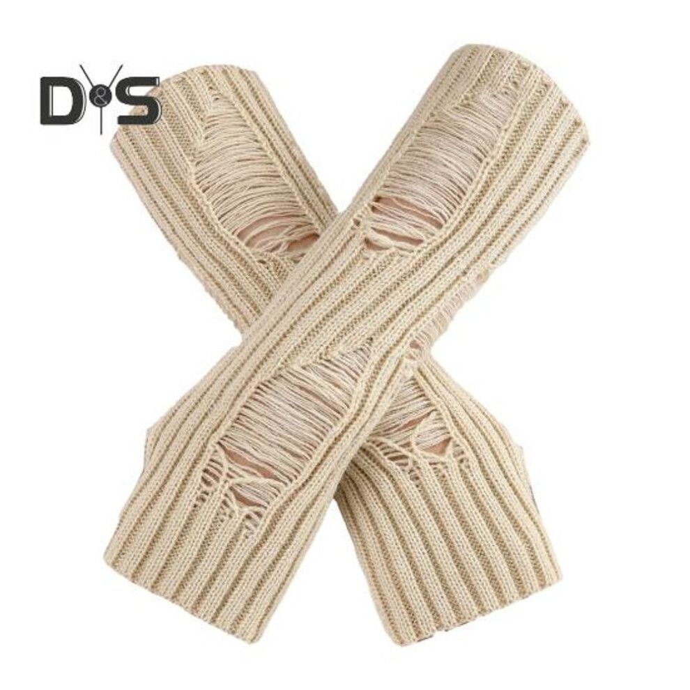 (beige) 1 Pair Fall Winter Gloves Ripped Fingerless Knitted High Elasticity Non-slip Arm Warmers Pure Color Arm Sleeves Keep Warm Windproof Cycling Arm Covers