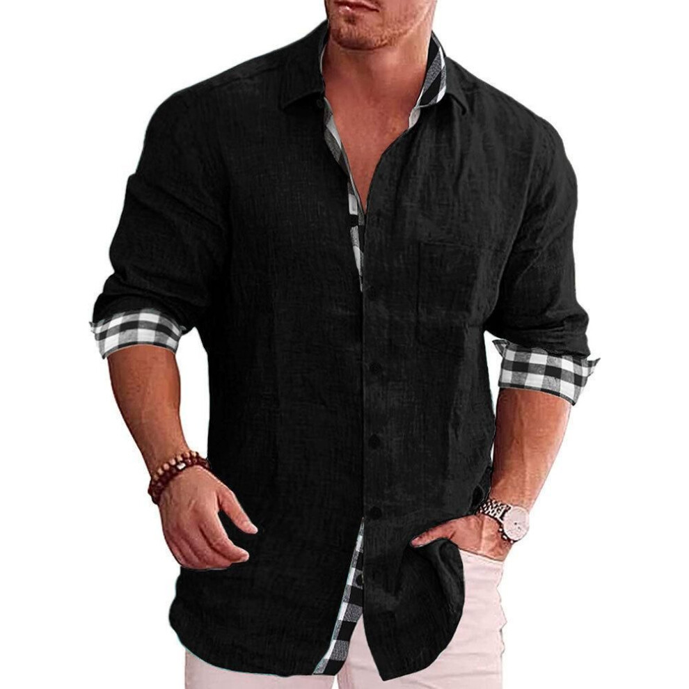 (L, black) Men's Long Sleeve Autumn Casual Cotton Linen Shirt Shirt