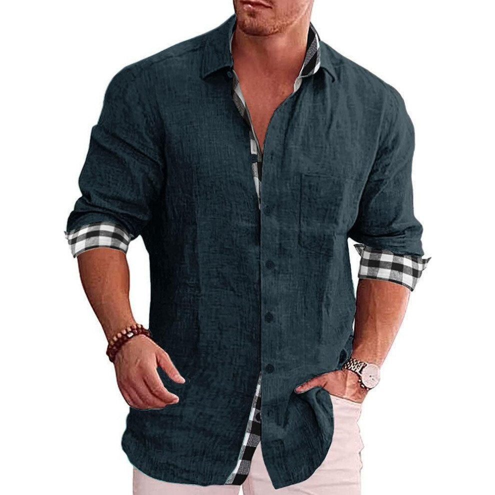 (XXXL, dark green) Men's Long Sleeve Autumn Casual Cotton Linen Shirt Shirt