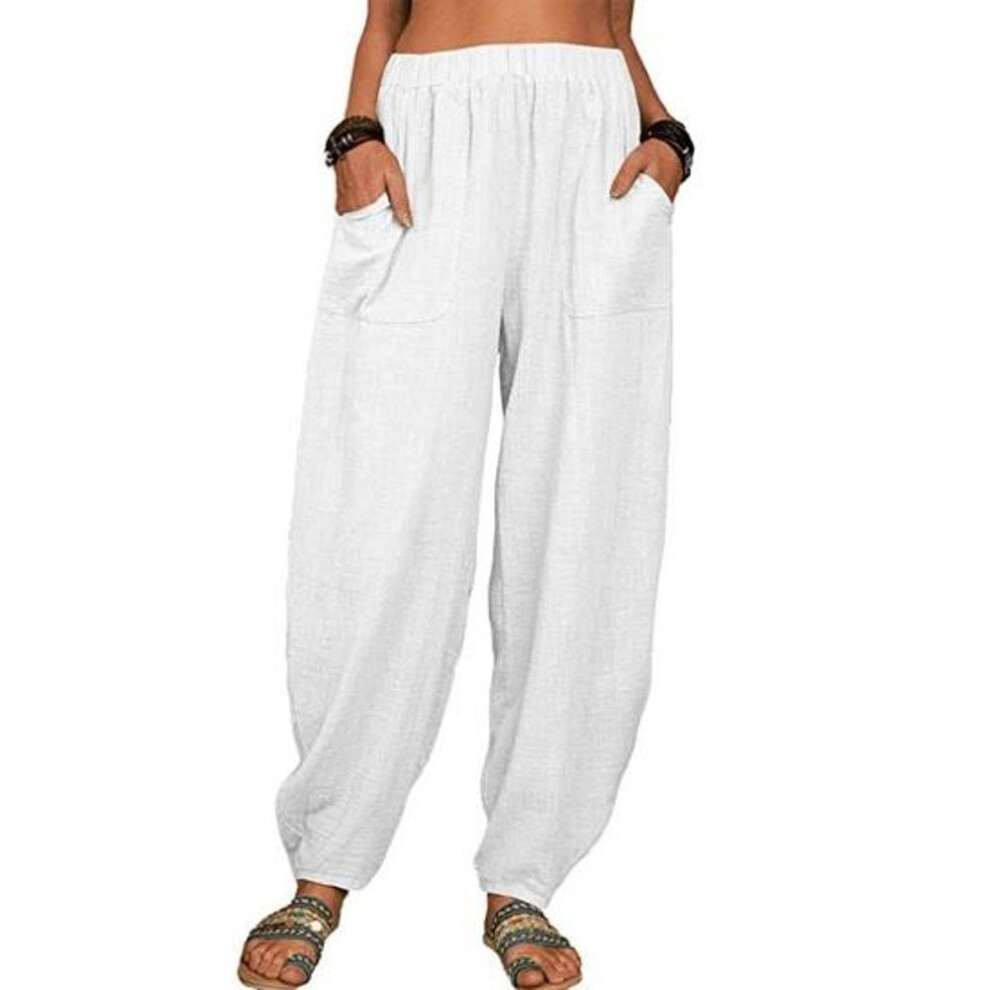 (white, L) Women Casual Pants Elastic High Waist Solid Color Harem Pants with Pockets Loose Fit Breathable Long Pants Daily Wear