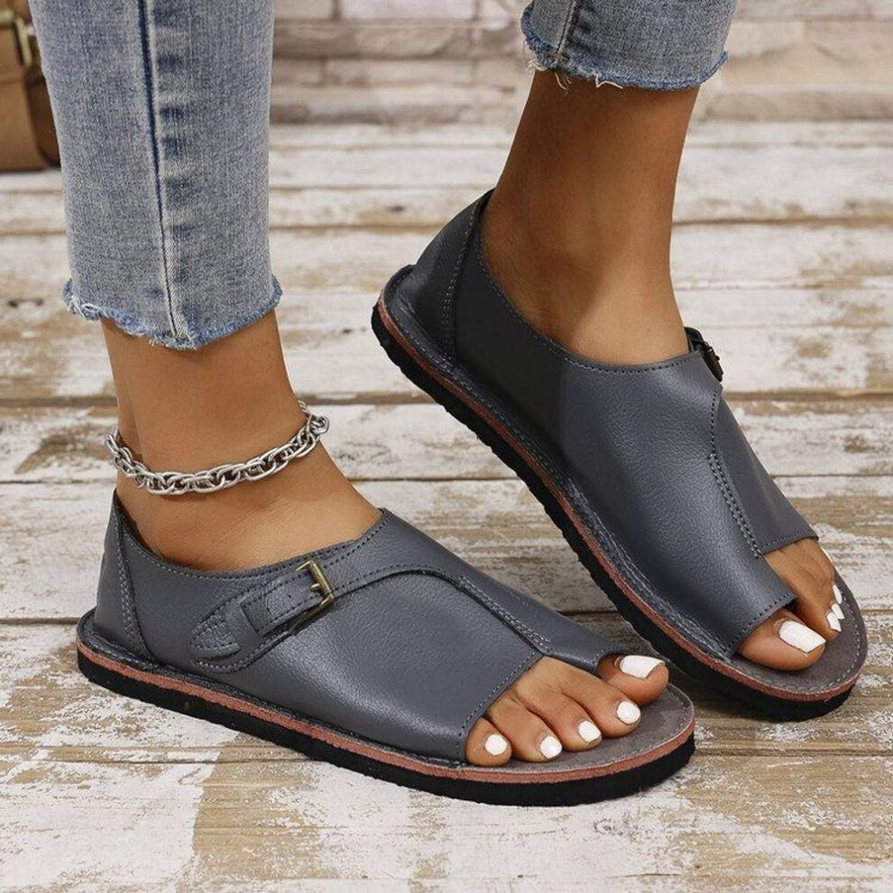 (gray, 35) Women's Sandals 2025 New Flat Retro Open Toe Designer Brand Casual Dress Beach Women's Sandals Plus Size 35-43