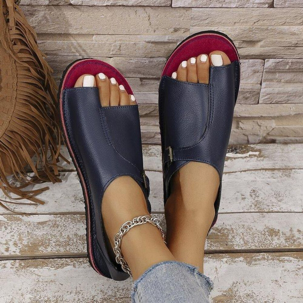 (dark blue, 38) Women's Sandals 2025 New Flat Retro Open Toe Designer Brand Casual Dress Beach Women's Sandals Plus Size 35-43