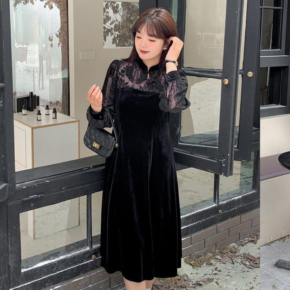 (black, 4XL) Plus Size Women's Retro Velvet Winter Dress - Elegant Chinese-Inspired Design