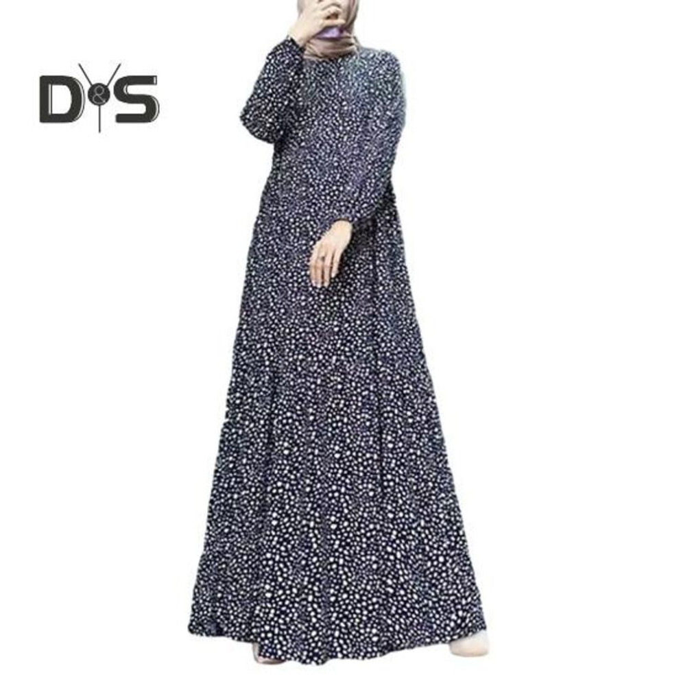 (dark blue, 2XL) Women Maxi Dress O Neck Long Sleeve Loose A Line Big Hem Dot Print Vintage Soft Patchwork Dubai Turkey Abaya Long Robe Dress
