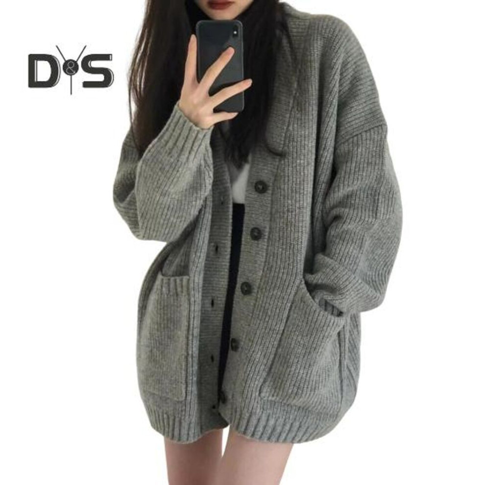 (grey) Women Sweater Coat V-Neck Long Sleeve Solid Color Knitting Coat with Large Pockets Mid-Length Loose Fit Sweater Cardigan