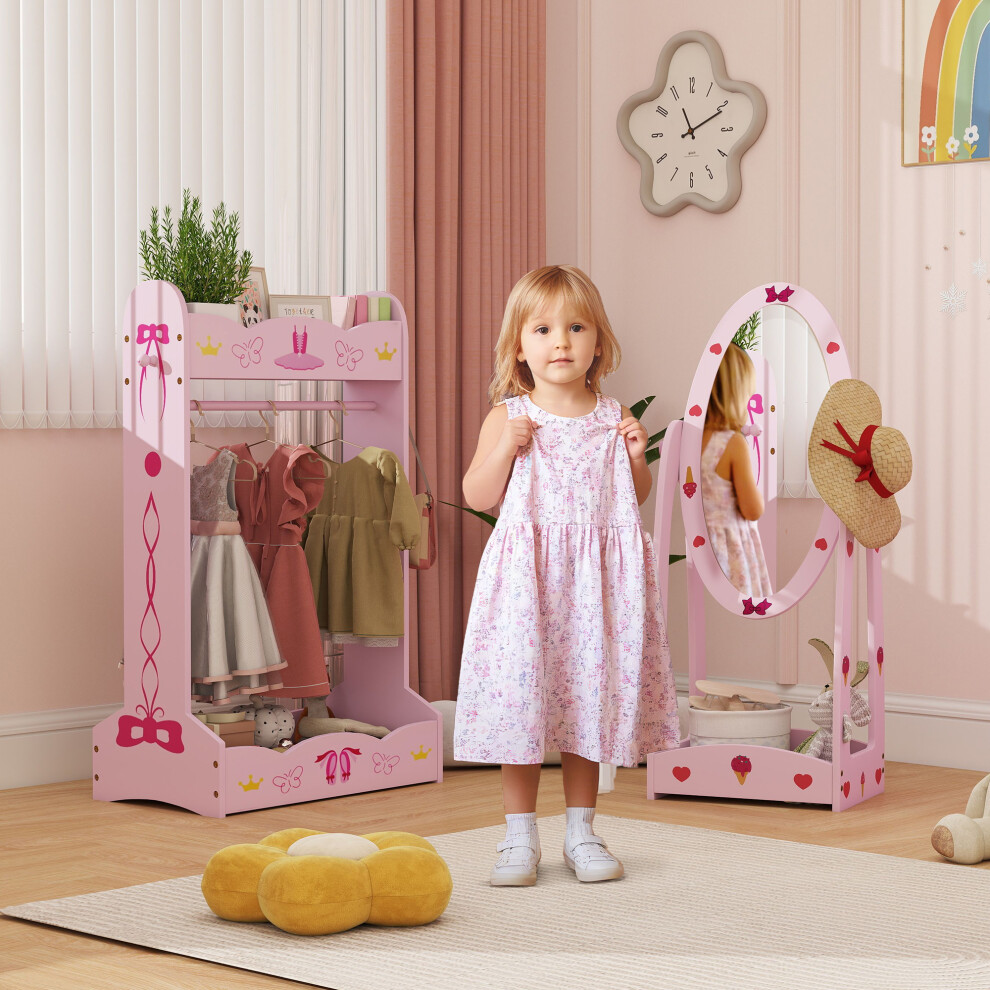 AIYAPLAY Kids Clothes Rail, Kids Dressing Mirror with 360 Rotating, Pink