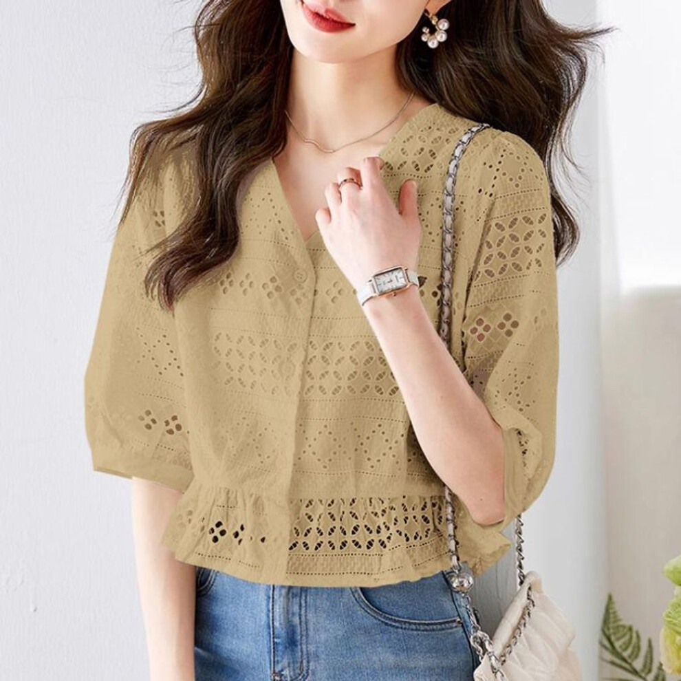 (4XL, khaki) ZANZEA Women V-Neck 3/4 Sleeve Casual Hollow Lace Crochet Blouse