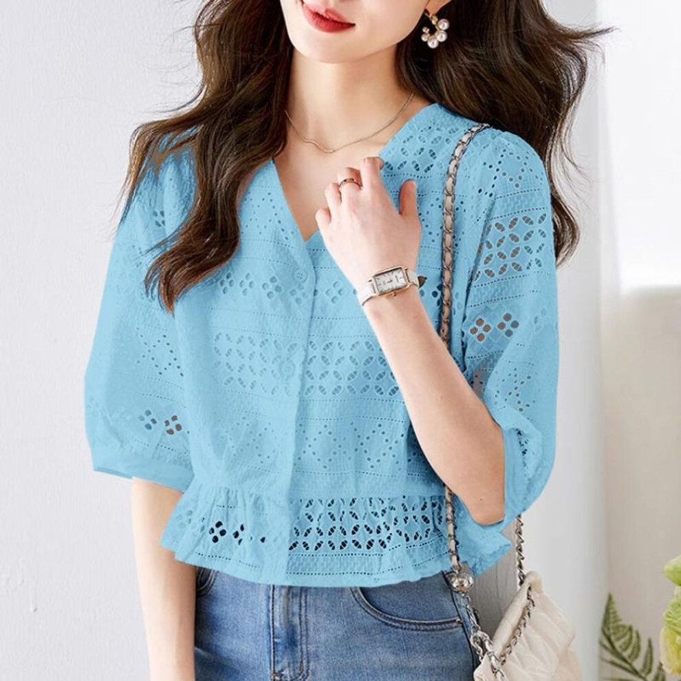 (2XL, blue) ZANZEA Women V-Neck 3/4 Sleeve Casual Hollow Lace Crochet Blouse