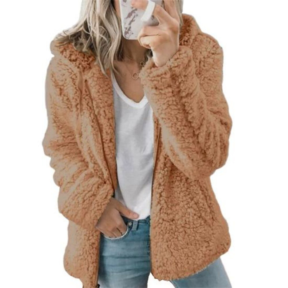 (coffee, XXL) Women Winter Sherpa Fleece Short Jacket Hooded Zipper Cardigan Coat Warm Casual Solid