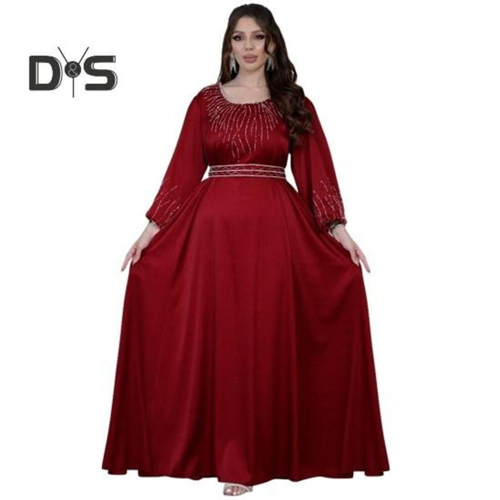 (XXL, red) Abaya Dress For Women Eid Ramadan Prayer Islamic Clothes Long Sleeve Round Neck Dubai Turkish Evening Dress