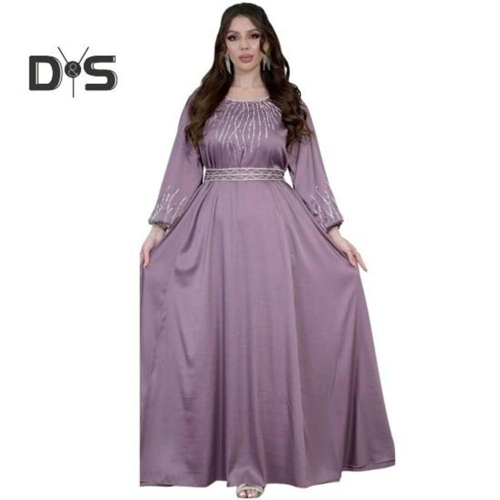 (XL, purple) Abaya Dress for Women Eid Ramadan Prayer Islamic Clothes Long Sleeve Round Neck Dubai Turkish Evening Dress