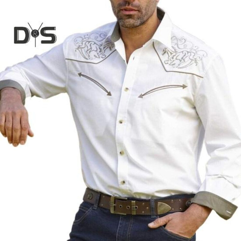 (2XL, white) Men Spring Shirt Vintage Western Cowboy Print Single-breasted Slim Fit Long Sleeve Turn-down Collar Buttons Streetwear Casual Business Cardigan Shirt