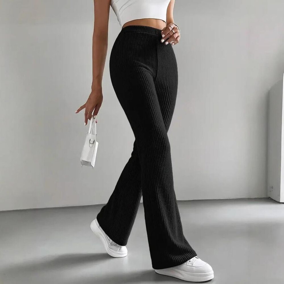 (black, XL) GMXIA Spring and Autumn Bell Bottoms Ladies Solid Color Casual Pants Ribbed Knit Fashion All Fit Pants