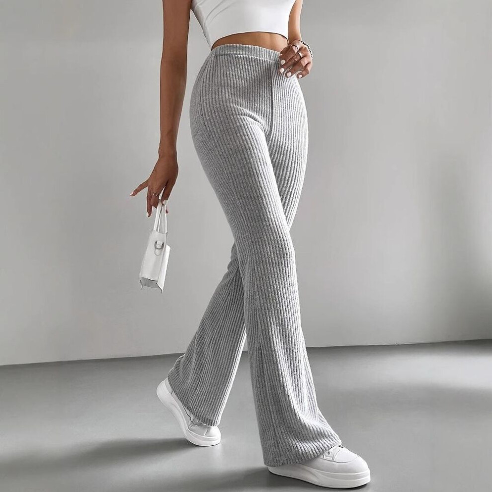 (light grey, S) GMXIA Spring and Autumn Bell Bottoms Ladies Solid Color Casual Pants Ribbed Knit Fashion All Fit Pants