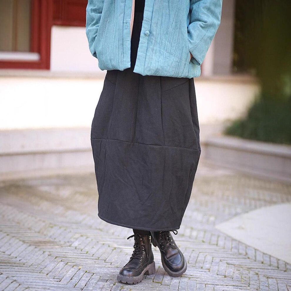 (One Size, black) Johnature Women Warm A-line Skirts Elastic Waist Solid Color Cloths Winter Loose Patchwork Pockets Skirts