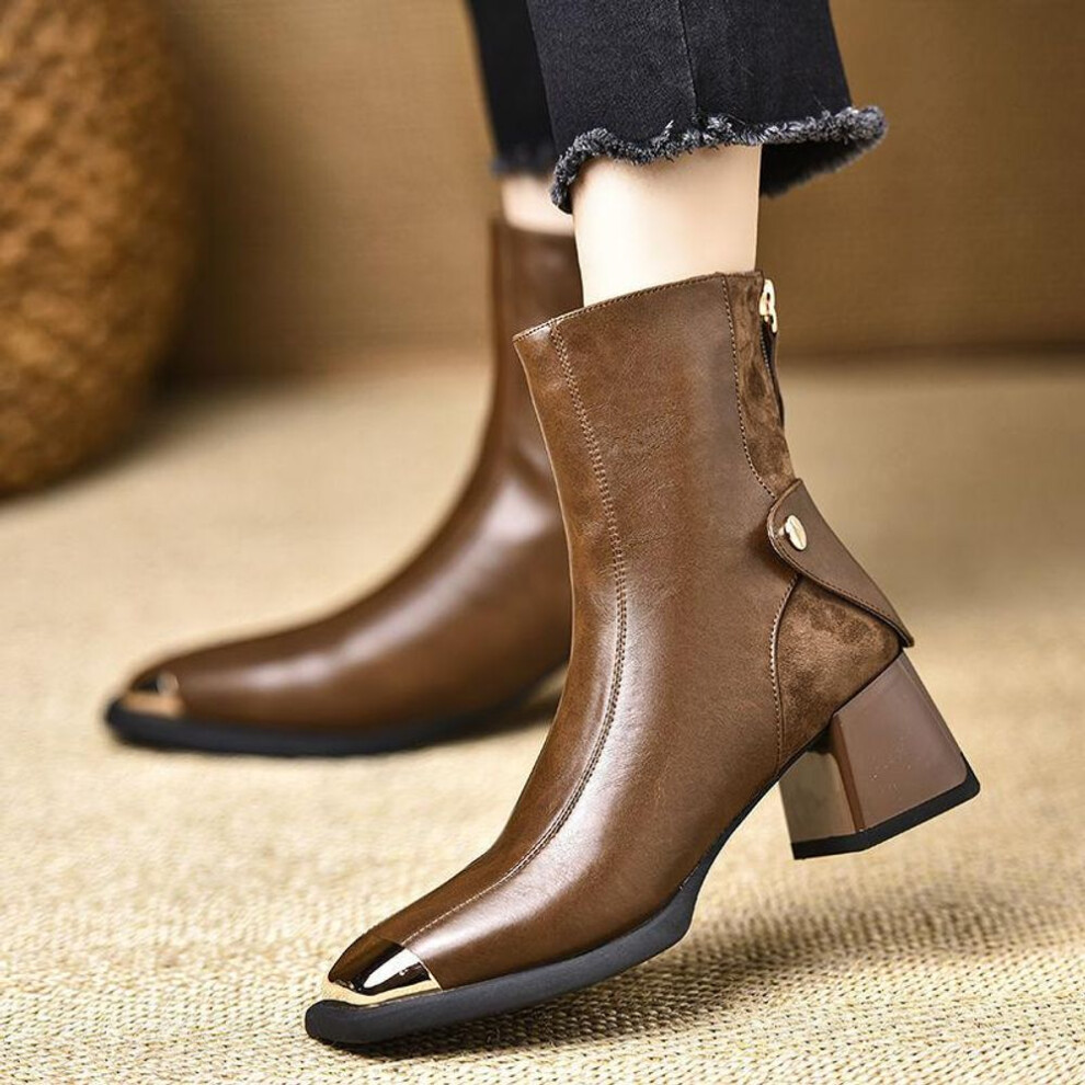 (brown, 36) 2024 autumn and winter new women's boots brown square head thick heel short boots high heel Martin boots fashion boots thin boots