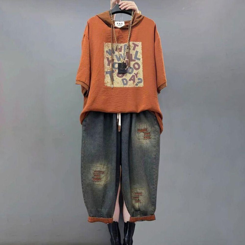 (orange, XS) Large Size Casual Suit Personality Fashion Hooded Loose Printed Short-sleeved Nine-point Jeans Two-piece Suit