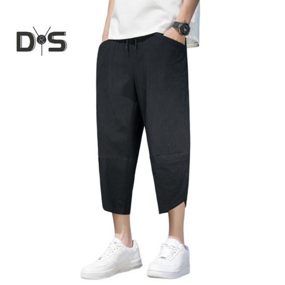 (black, 3XL) Men Casual Cropped Pants Thin Side Pockets Drawstring Elastic Waist Solid Color Gym Traning Jogging Sweatpants Beach Trousers Track Pants
