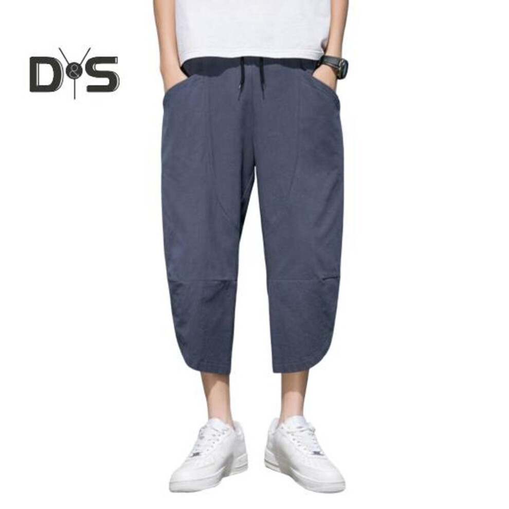 (navy blue, L) Men Casual Cropped Pants Thin Side Pockets Drawstring Elastic Waist Solid Color Gym Traning Jogging Sweatpants Beach Trousers Track Pants