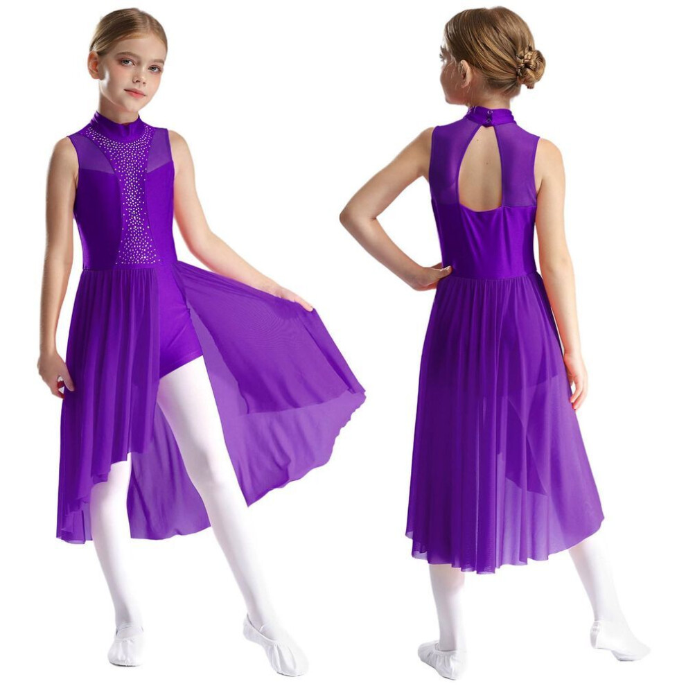 (purple, 13-14 Years) Girls Lyrical Dance Dress Figure Skating Costume Sparkly Rhinestone Ballet Dancewear Sleeveless Mock Neck Asymmetrical Hem Dress