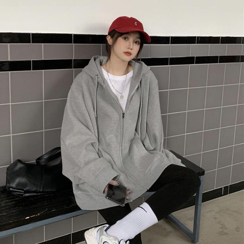 (Medium, gray) New Oversized Gray Hooded Zip-Up Sweatshirt for Women – Spring Fashion