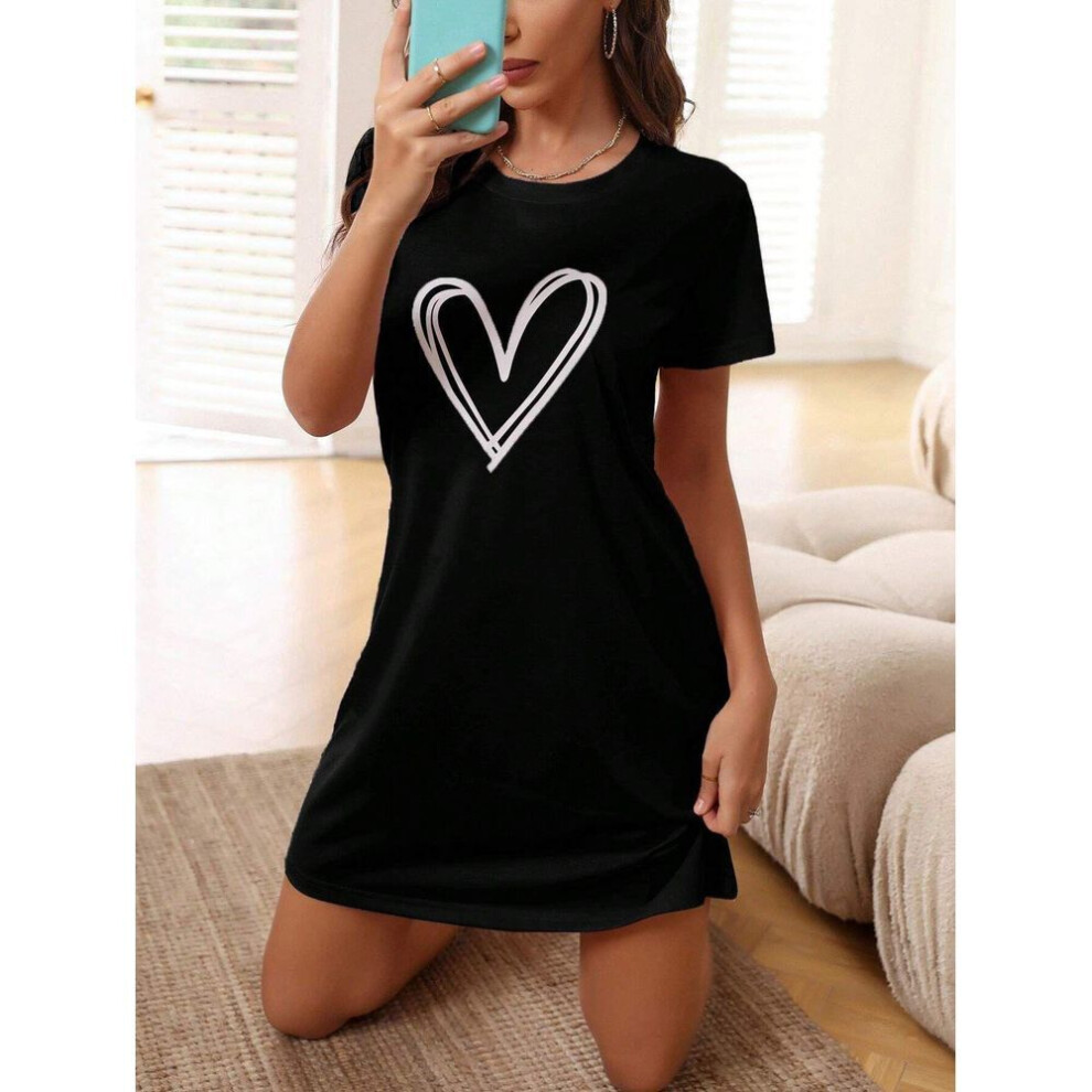 (black, M) Heart Print Short Sleeve Nightdress - Comfortable and Stylish for Home or Outdoors