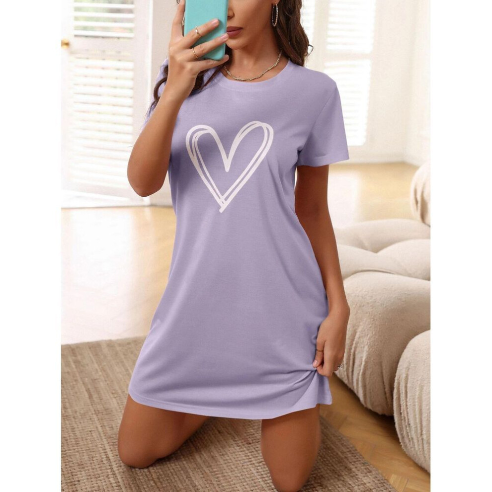 (light purple, M) Heart Print Short Sleeve Nightdress - Comfortable and Stylish for Home or Outdoors