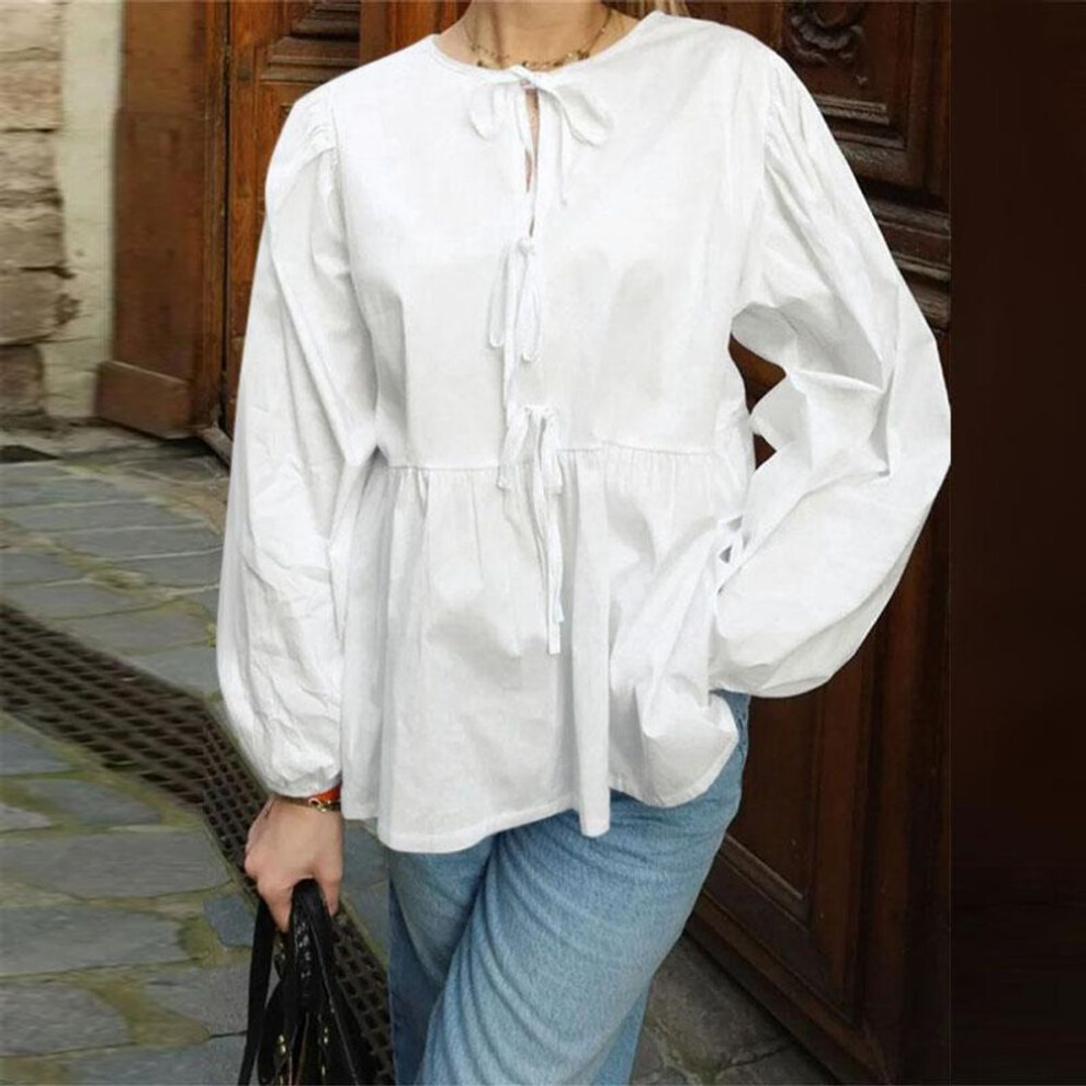 (S, white) ZANZEA Women Vintage Round Neck Tie Long Sleeve Blouses