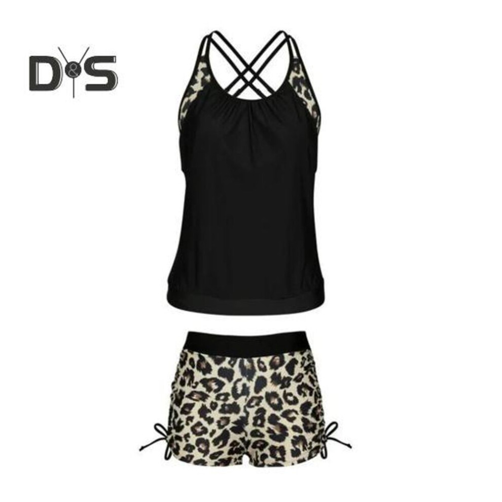 (XL, black) 2Pcs/Set Women Tankini Set Backless Cross Lace Leopard Stitching Tops Swimming Shorts Set Split Swimsuit