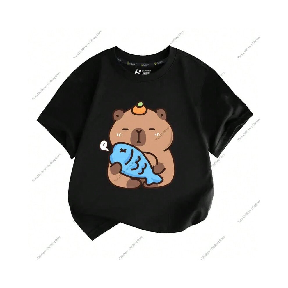 (XH014C-black, S 80-90cm) Summer New Trend Capybara Printing Cute Children's Short-Sleeved T-Shirt Cute Comfortable Versatile Boy and Girl T-Shirt