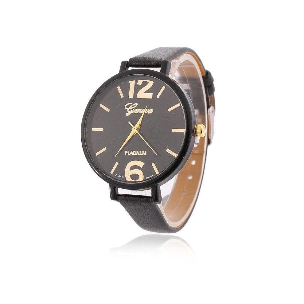 (Black)Fashion Women Geneva Watch Lady Leather Band Analog Quartz Big Dial Watch Wrist Black