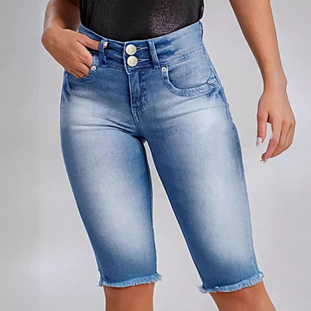 (blue, L) Women Summer Denim Shorts High Waist Stretch Knee Length Jeans Shorts Ladies Skinny Slim Tassel Short Pants