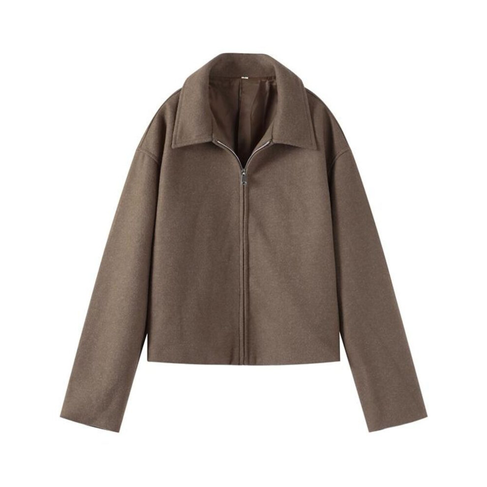 (khaki, S) Women's Polo Collar Jacket Solid Color Flip Collar Zipper Long Sleeves Short Jacket Elegant Retro Coat Commute Casual Oyerwear Spring Autumn