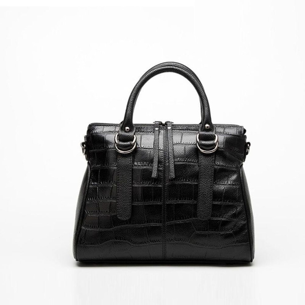 (black) Women's Bag Crocodile Print Top Layer Cowhide Women's Handbag with Genuine Leather One-shoulder Straddle Bag