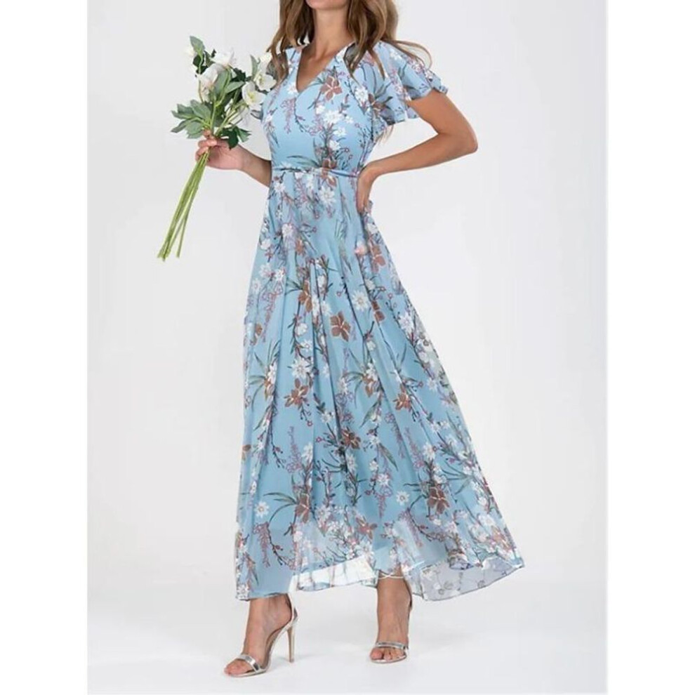 (lake blue, 2XL) Women's Floral Short-sleeved Ruffled V-neck Fashion Waisted Swing Long Dresses