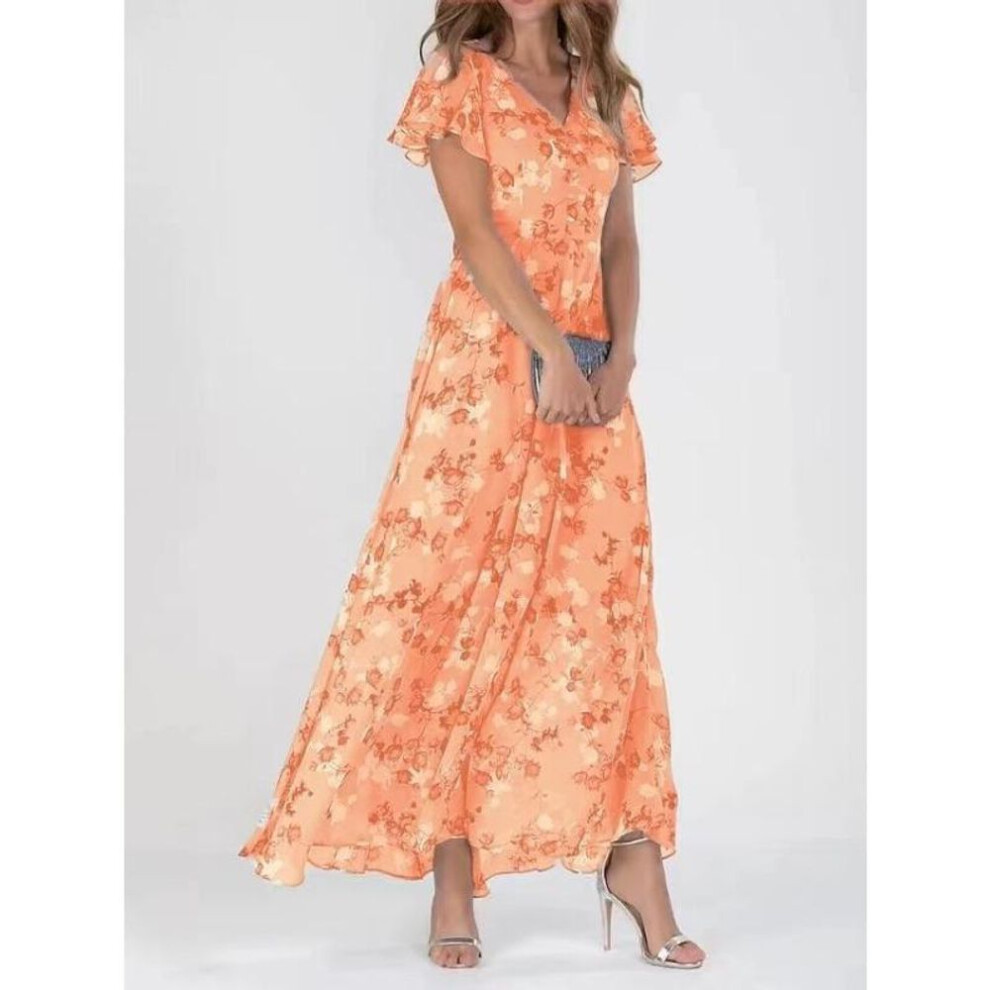 (orange, L) Women's Floral Short-sleeved Ruffled V-neck Fashion Waisted Swing Long Dresses