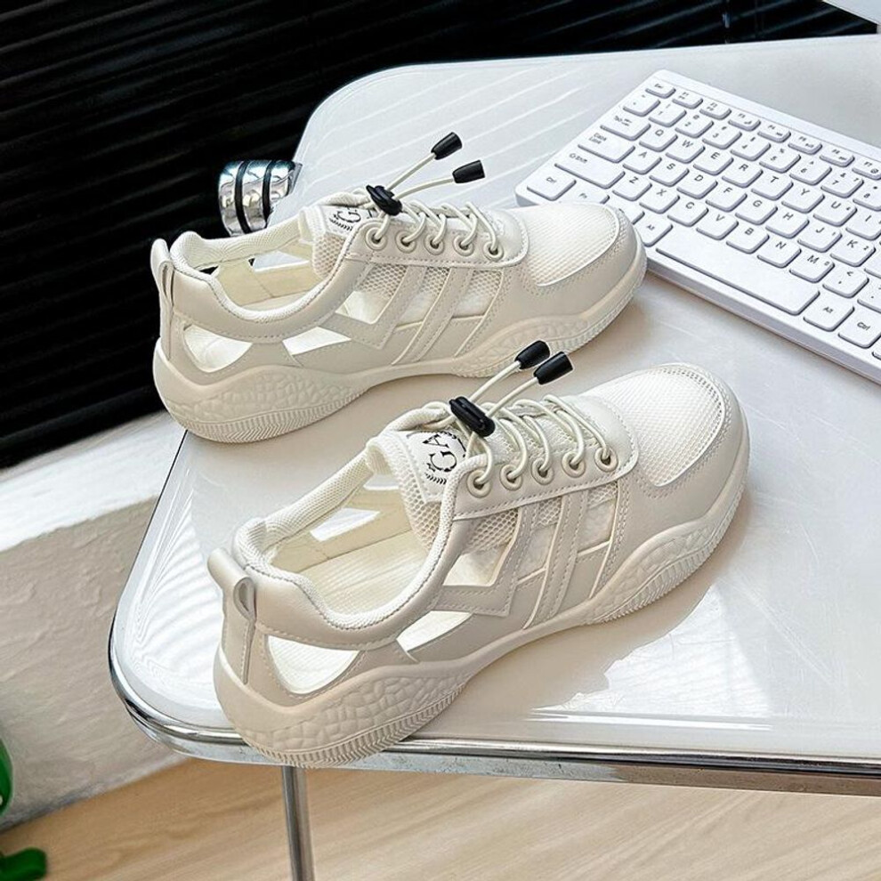 (beige, 36) Women's Summer Breathable Platform Sneakers Comfortable Lace-Up Running Shoes Hollow Out PU Leather Walking Shoes Non-Slip Tennis Sneakers for Women