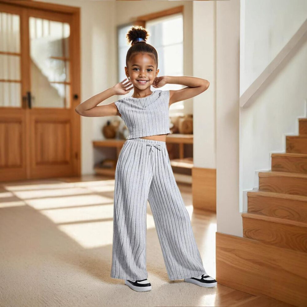 (light grey, 4-5Y) Girls' Knitted Top Wide Leg Pants Suit Summer Suitable For 1-8 Children's Leisure Suit