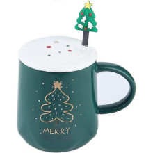 Christmas tree cup, ceramic coffee cup, with lid and stainless steel spoon, Christmas gift