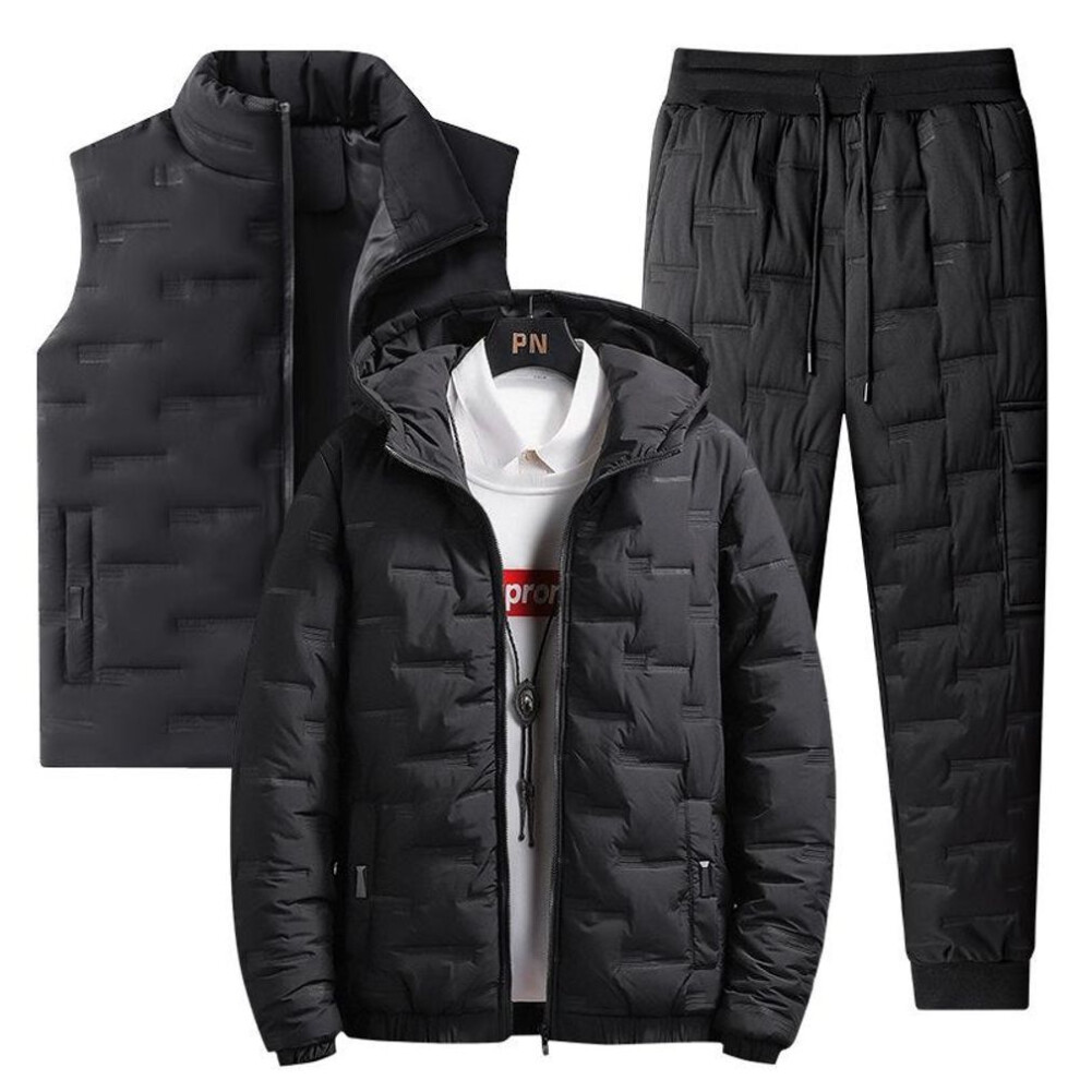 (black, XXXXXL) Men's Autumn And Winter Down Hooded Cotton Jacket Warm Vest Cotton Pants Casual Warm Three-piece Suit