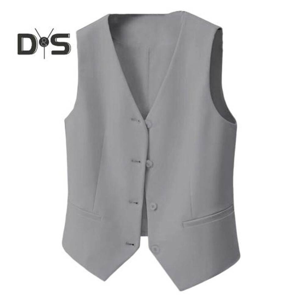 (grey, M) Women Vest Single-breasted Solid Color Sleeveless V Neck Slim Fit Formal Business Style Cardigan Retro Office Wedding Banquet Waistcoat
